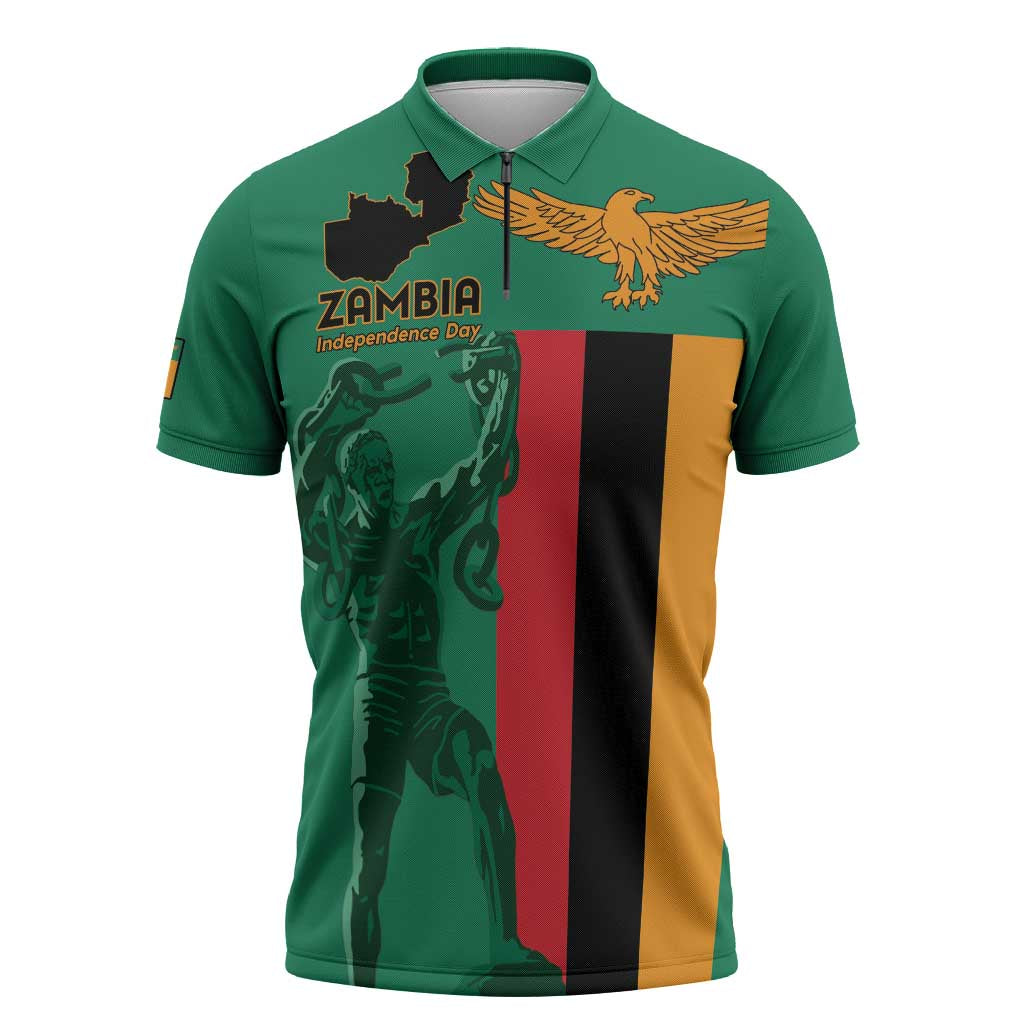 Personalized Zambia Independence Day Zipper Polo Shirt Lusaka Freedom Statue - Wonder Print Shop