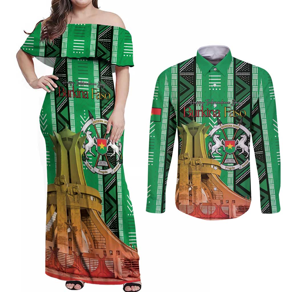 Personalized Burkina Faso Martyrs Day Couples Matching Off Shoulder Maxi Dress and Long Sleeve Button Shirt Monument des Heros Nationaux - Wonder Print Shop