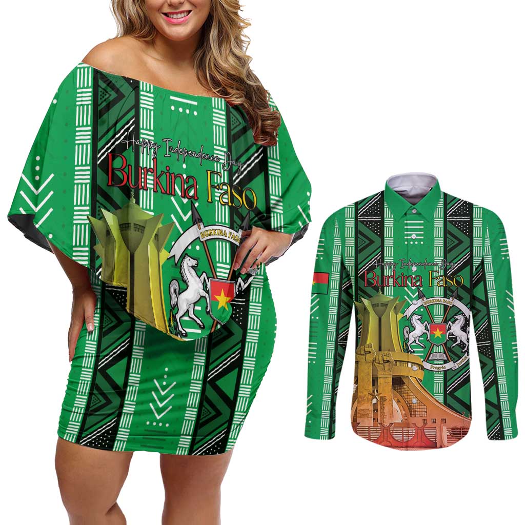 Personalized Burkina Faso Martyrs Day Couples Matching Off Shoulder Short Dress and Long Sleeve Button Shirt Monument des Heros Nationaux - Wonder Print Shop