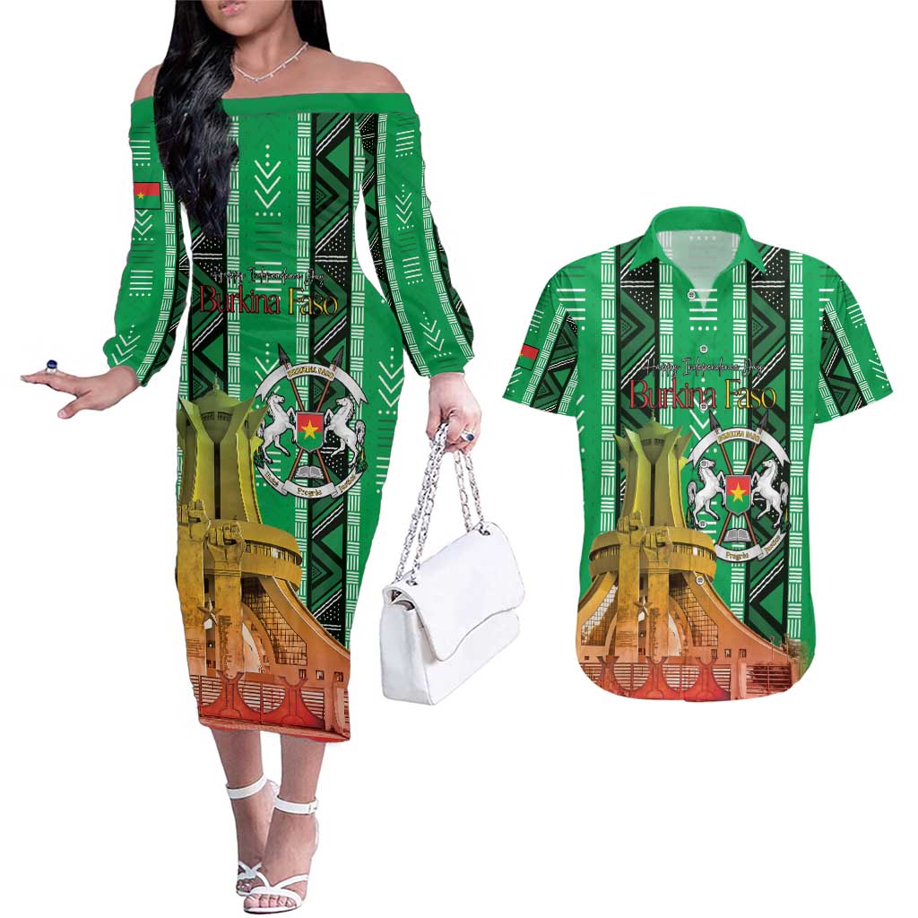 Personalized Burkina Faso Martyrs Day Couples Matching Off The Shoulder Long Sleeve Dress and Hawaiian Shirt Monument des Heros Nationaux - Wonder Print Shop