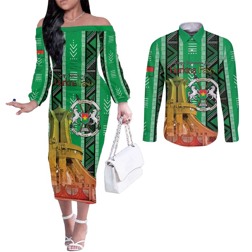 Personalized Burkina Faso Martyrs Day Couples Matching Off The Shoulder Long Sleeve Dress and Long Sleeve Button Shirt Monument des Heros Nationaux - Wonder Print Shop