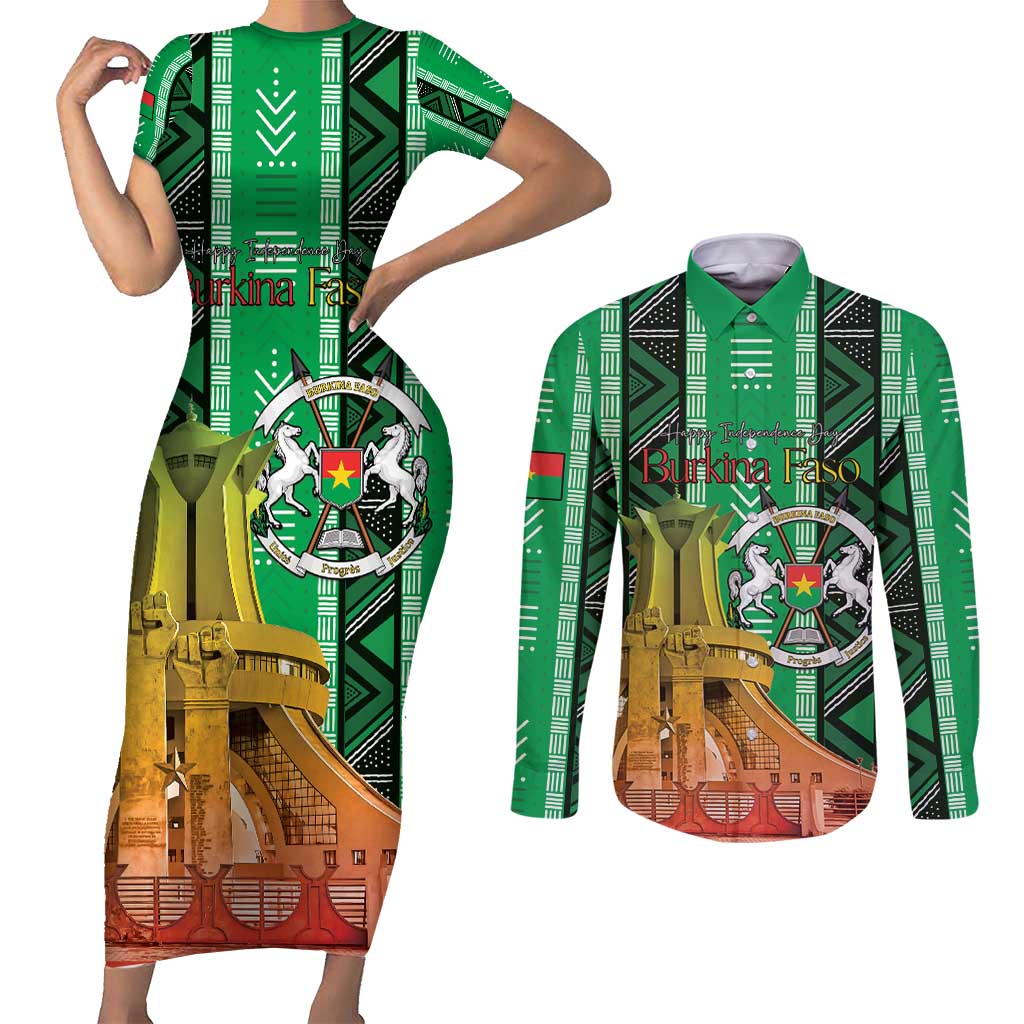 Personalized Burkina Faso Martyrs Day Couples Matching Short Sleeve Bodycon Dress and Long Sleeve Button Shirt Monument des Heros Nationaux - Wonder Print Shop