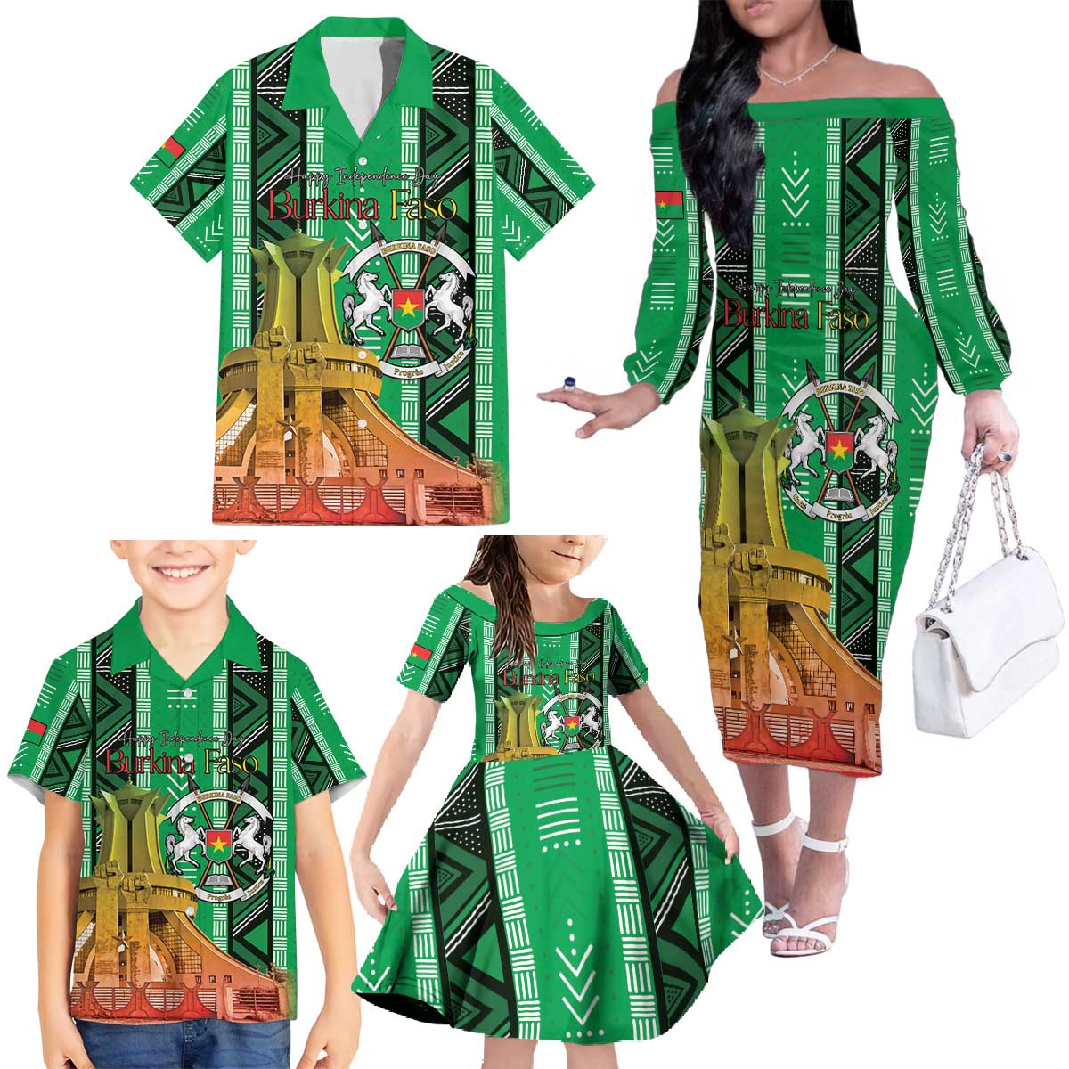 Personalized Burkina Faso Martyrs Day Family Matching Off The Shoulder Long Sleeve Dress and Hawaiian Shirt Monument des Heros Nationaux - Wonder Print Shop