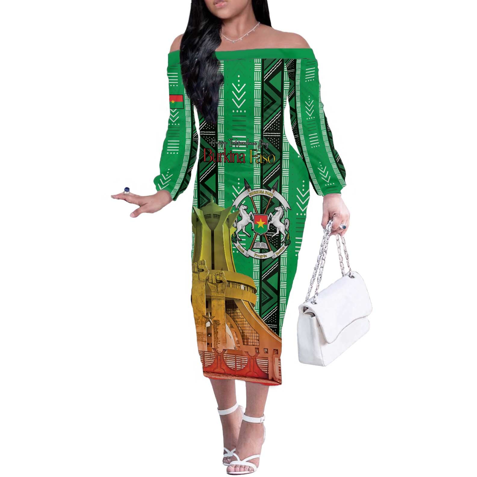 Personalized Burkina Faso Martyrs Day Off The Shoulder Long Sleeve Dress Monument des Heros Nationaux - Wonder Print Shop