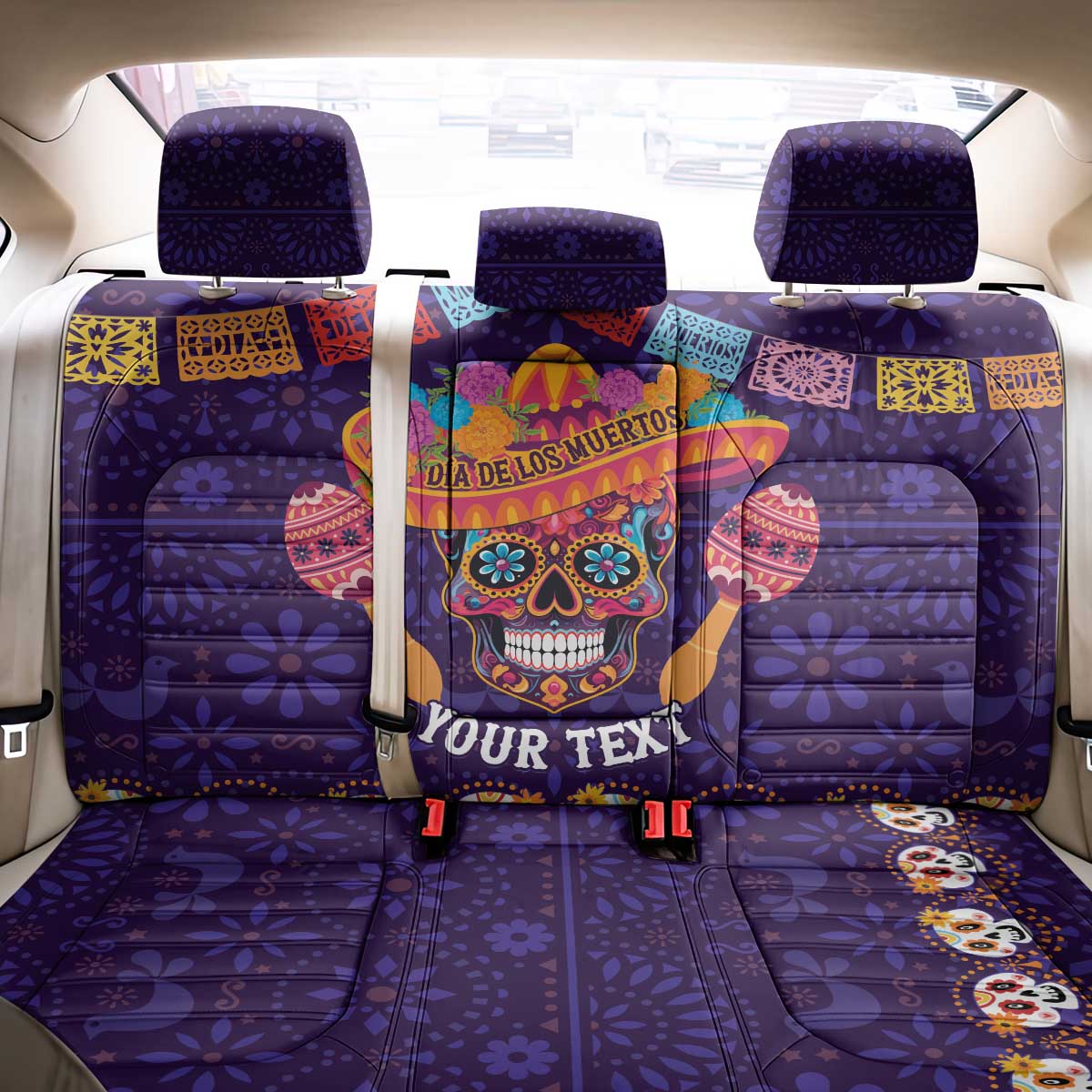 Personalised Mexico Day Of The Dead Back Car Seat Cover Sugar Skull With Maracas Mexican Folk Pattern - Wonder Print Shop