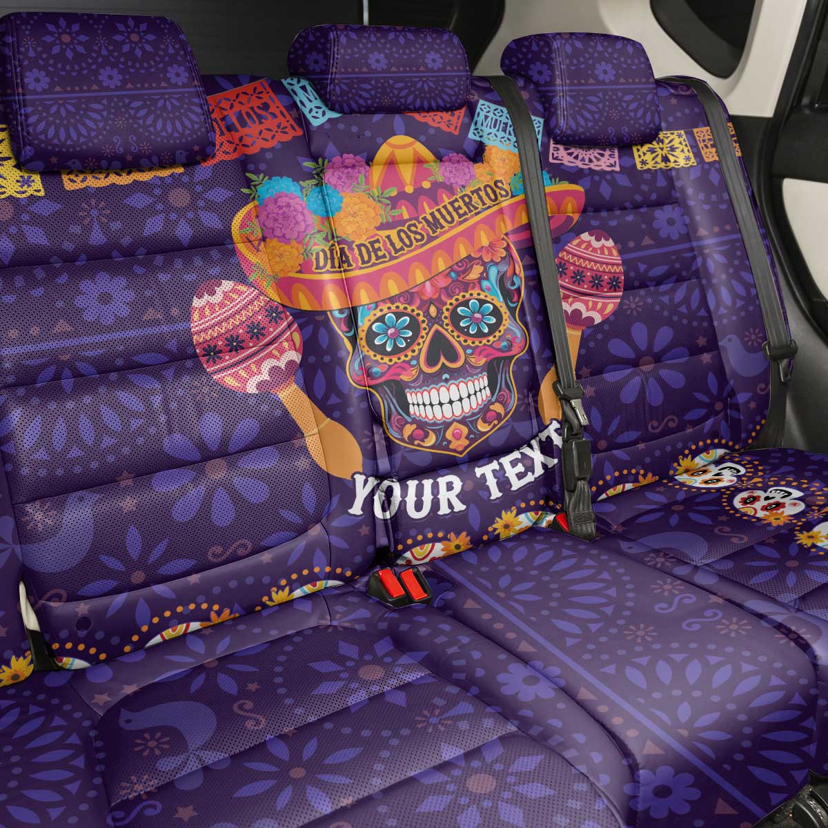 Personalised Mexico Day Of The Dead Back Car Seat Cover Sugar Skull With Maracas Mexican Folk Pattern - Wonder Print Shop