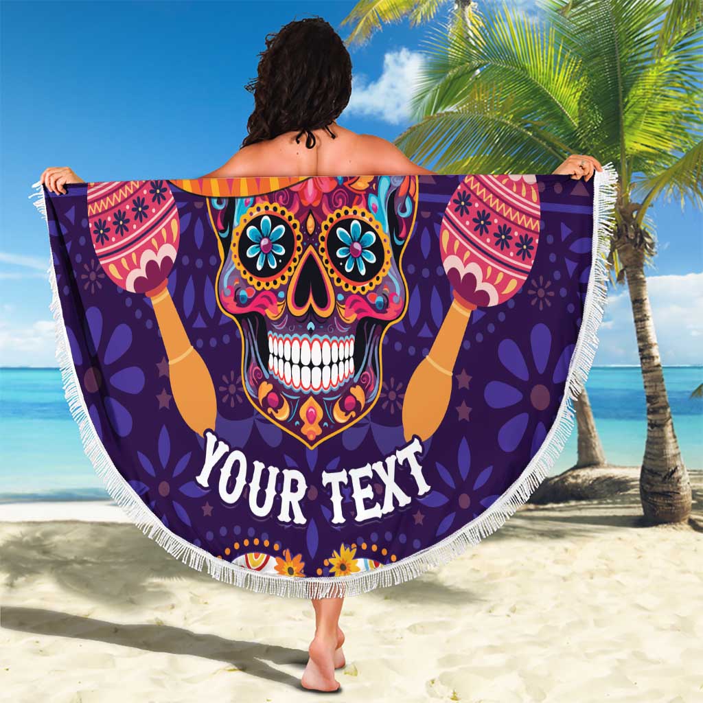 Personalised Mexico Day Of The Dead Beach Blanket Sugar Skull With Maracas Mexican Folk Pattern - Wonder Print Shop