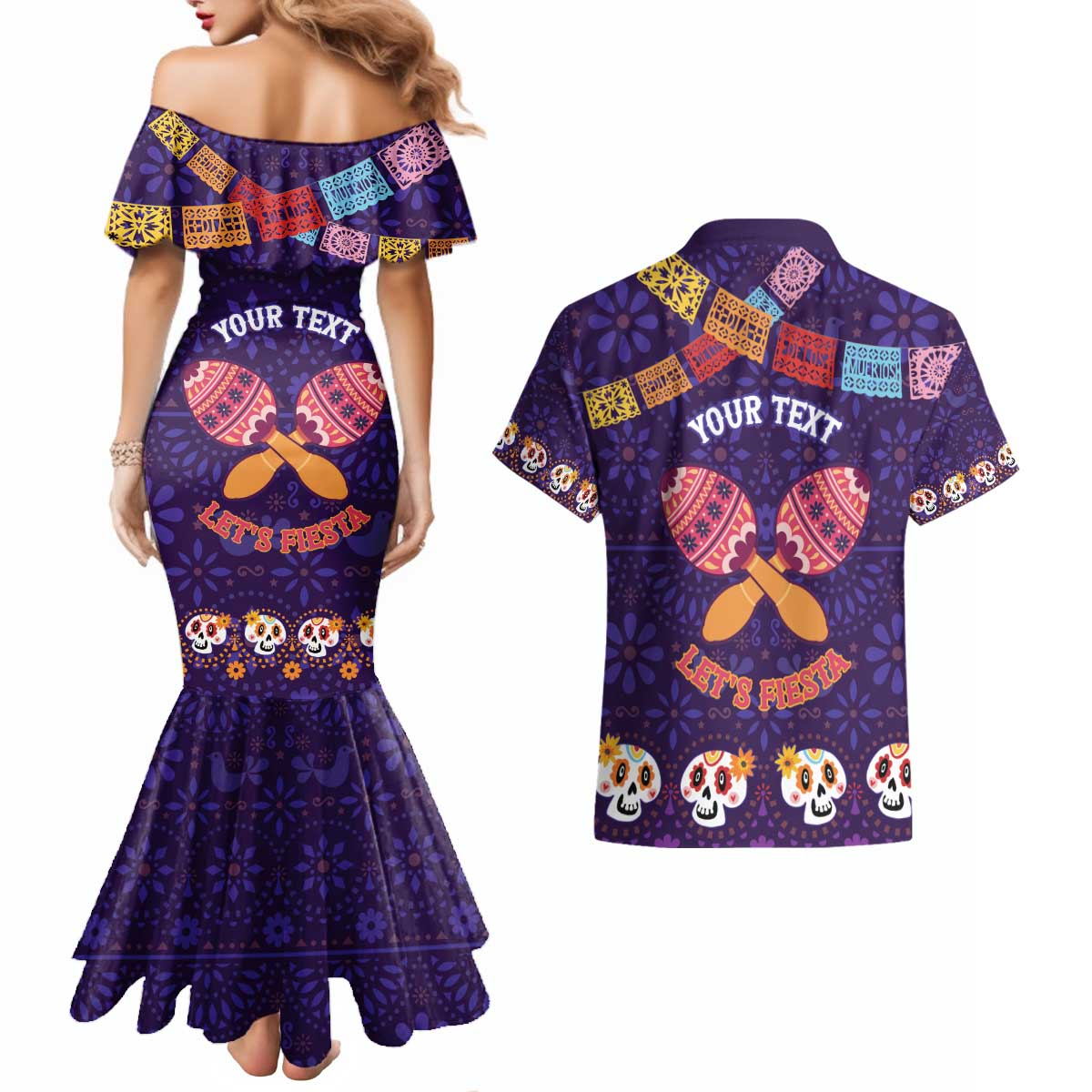 Personalised Mexico Day Of The Dead Couples Matching Mermaid Dress and Hawaiian Shirt Sugar Skull With Maracas Mexican Folk Pattern - Wonder Print Shop