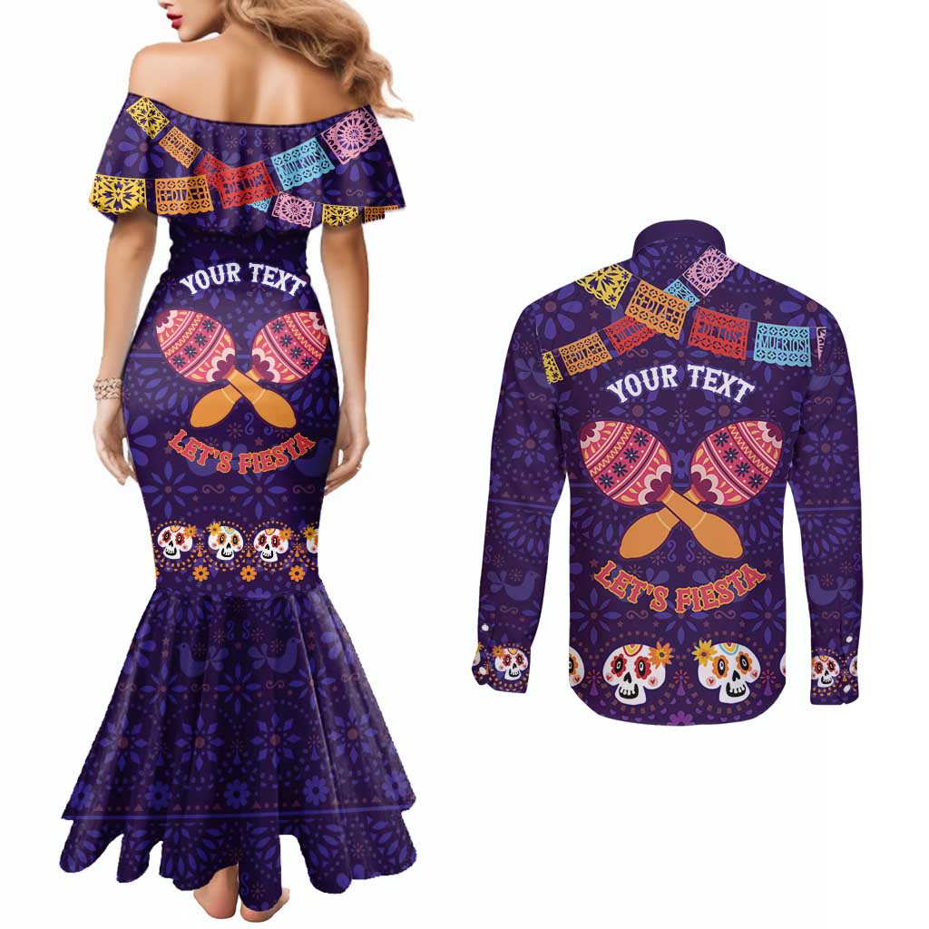Personalised Mexico Day Of The Dead Couples Matching Mermaid Dress and Long Sleeve Button Shirt Sugar Skull With Maracas Mexican Folk Pattern LT15