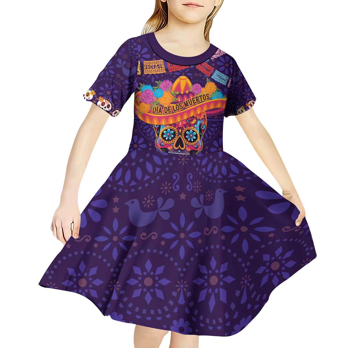 Personalised Mexico Day Of The Dead Kid Short Sleeve Dress Sugar Skull With Maracas Mexican Folk Pattern - Wonder Print Shop