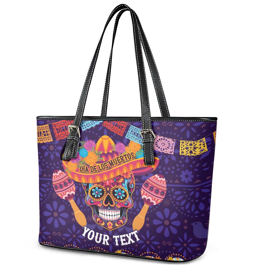 Personalised Mexico Day Of The Dead Leather Tote Bag Sugar Skull With Maracas Mexican Folk Pattern - Wonder Print Shop