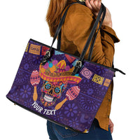 Personalised Mexico Day Of The Dead Leather Tote Bag Sugar Skull With Maracas Mexican Folk Pattern - Wonder Print Shop