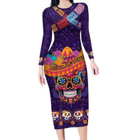 Personalised Mexico Day Of The Dead Long Sleeve Bodycon Dress Sugar Skull With Maracas Mexican Folk Pattern - Wonder Print Shop