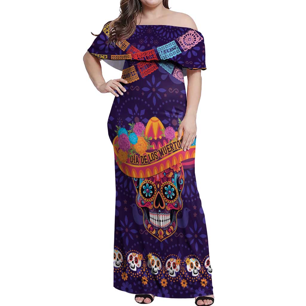 Personalised Mexico Day Of The Dead Off Shoulder Maxi Dress Sugar Skull With Maracas Mexican Folk Pattern - Wonder Print Shop