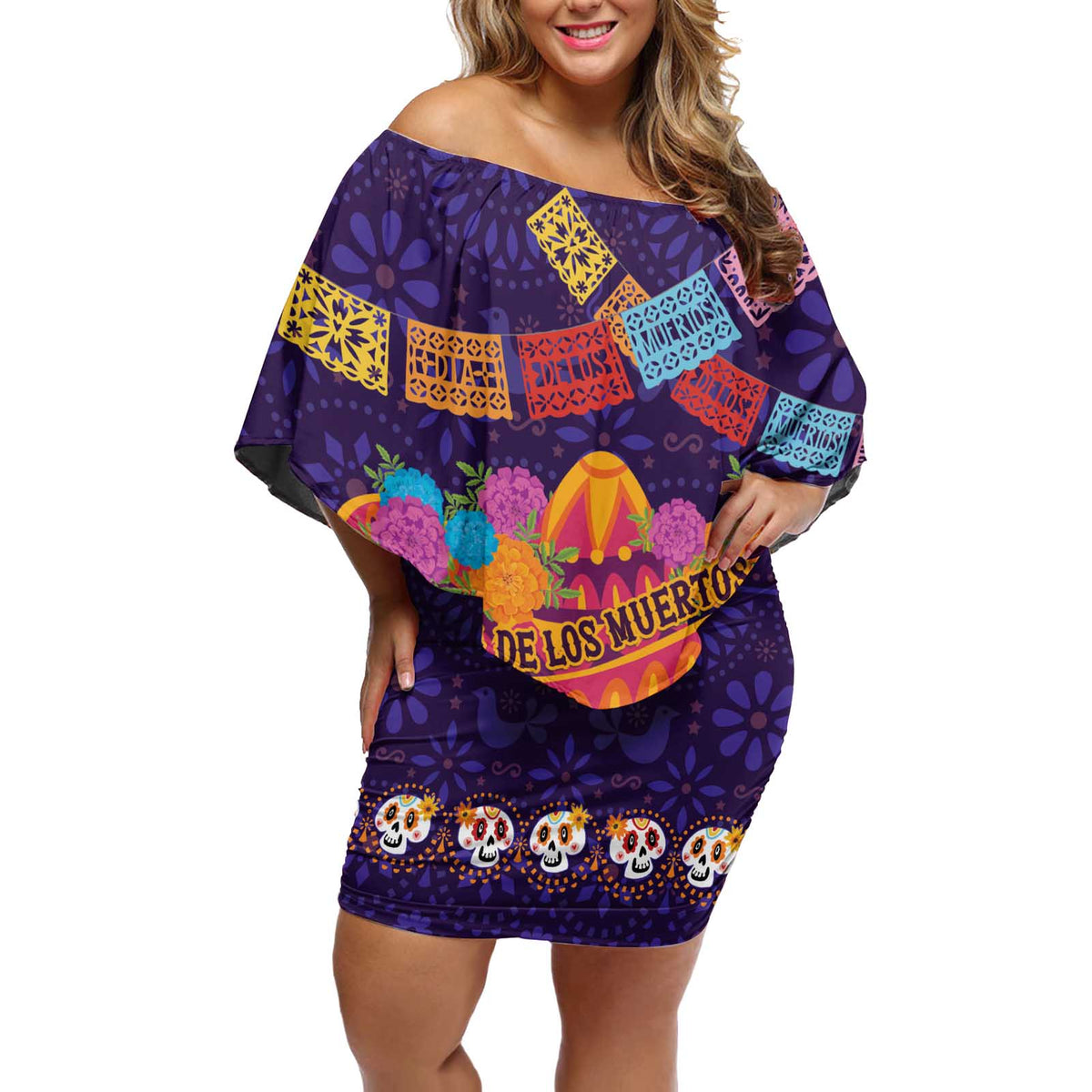 Personalised Mexico Day Of The Dead Off Shoulder Short Dress Sugar Skull With Maracas Mexican Folk Pattern - Wonder Print Shop