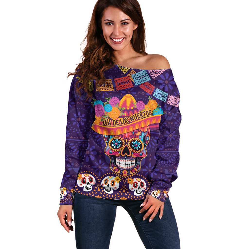 Personalised Mexico Day Of The Dead Off Shoulder Sweater Sugar Skull With Maracas Mexican Folk Pattern - Wonder Print Shop