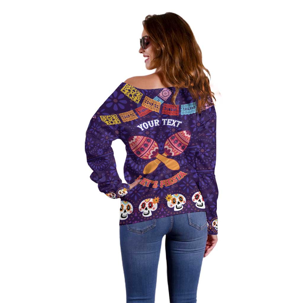 Personalised Mexico Day Of The Dead Off Shoulder Sweater Sugar Skull With Maracas Mexican Folk Pattern - Wonder Print Shop