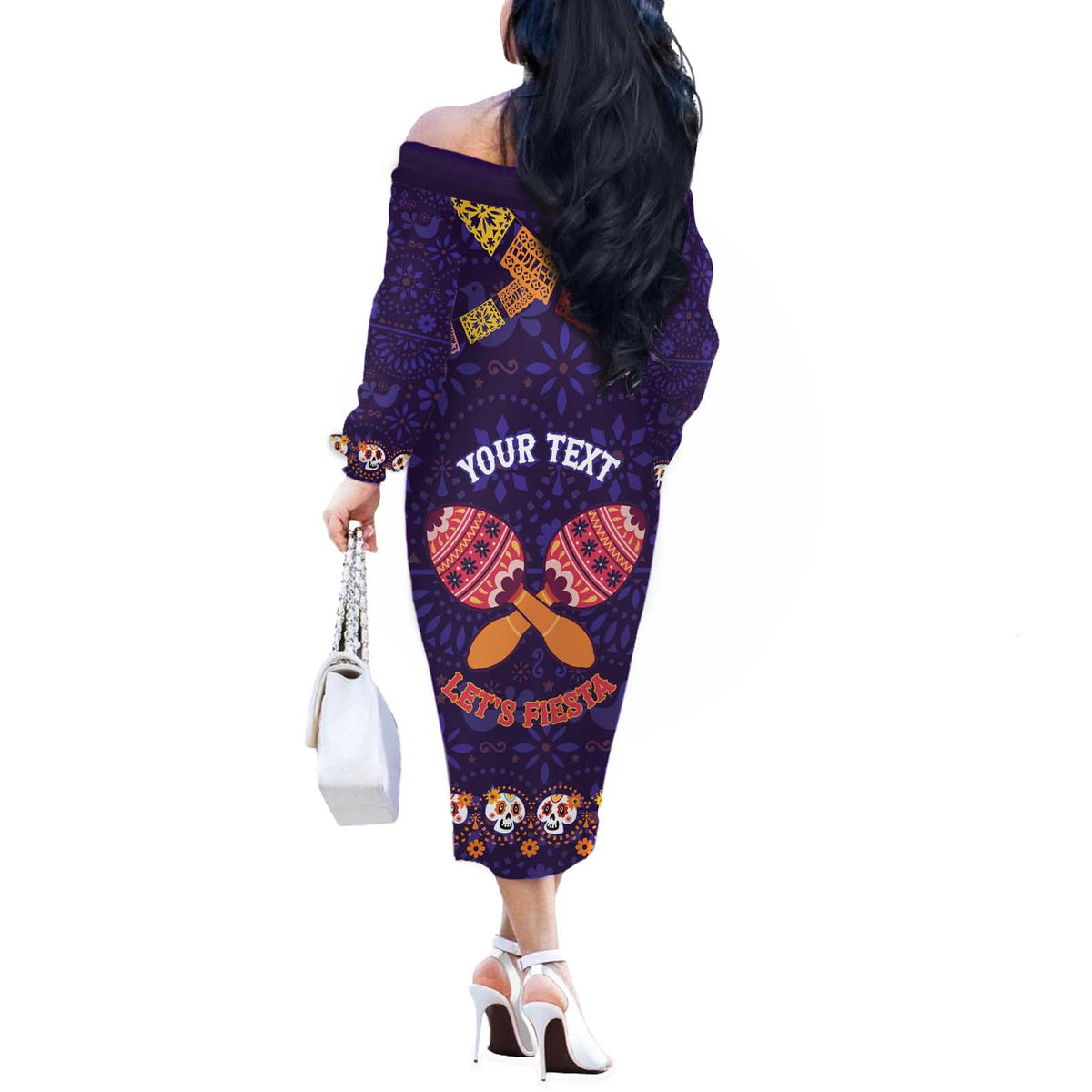 Personalised Mexico Day Of The Dead Off The Shoulder Long Sleeve Dress Sugar Skull With Maracas Mexican Folk Pattern - Wonder Print Shop