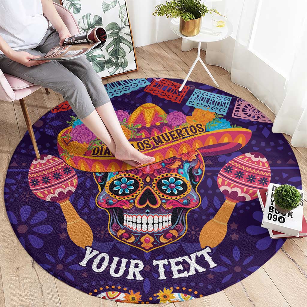 Personalised Mexico Day Of The Dead Round Carpet Sugar Skull With Maracas Mexican Folk Pattern
