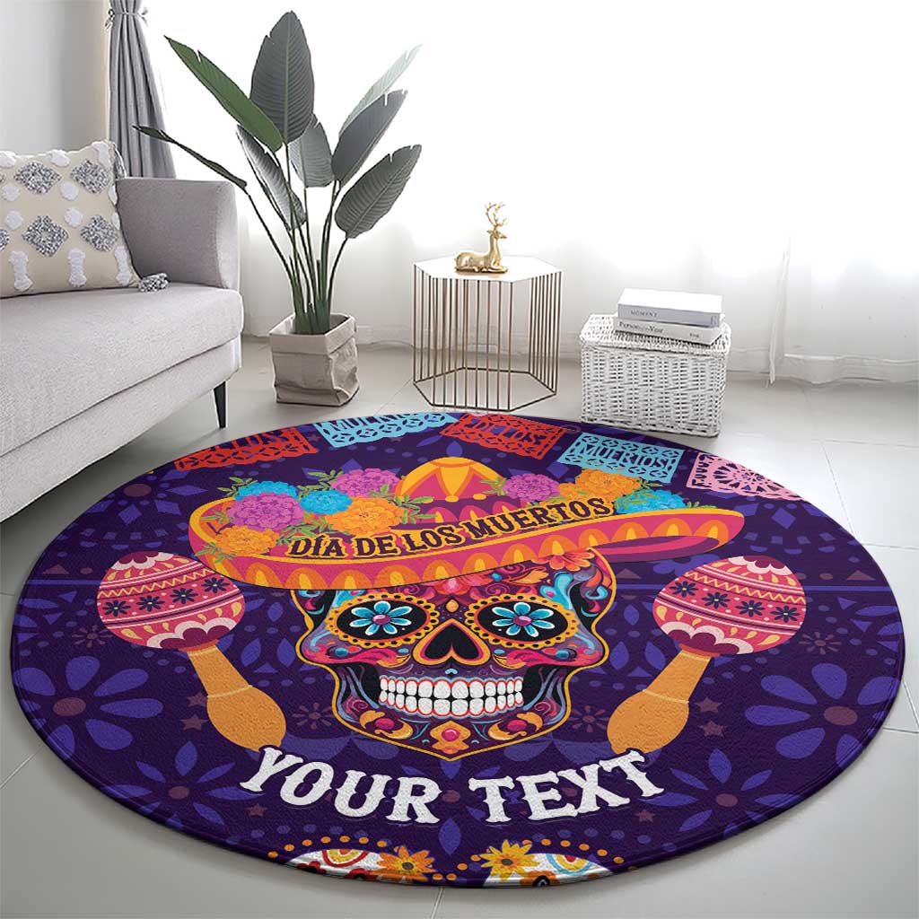 Personalised Mexico Day Of The Dead Round Carpet Sugar Skull With Maracas Mexican Folk Pattern