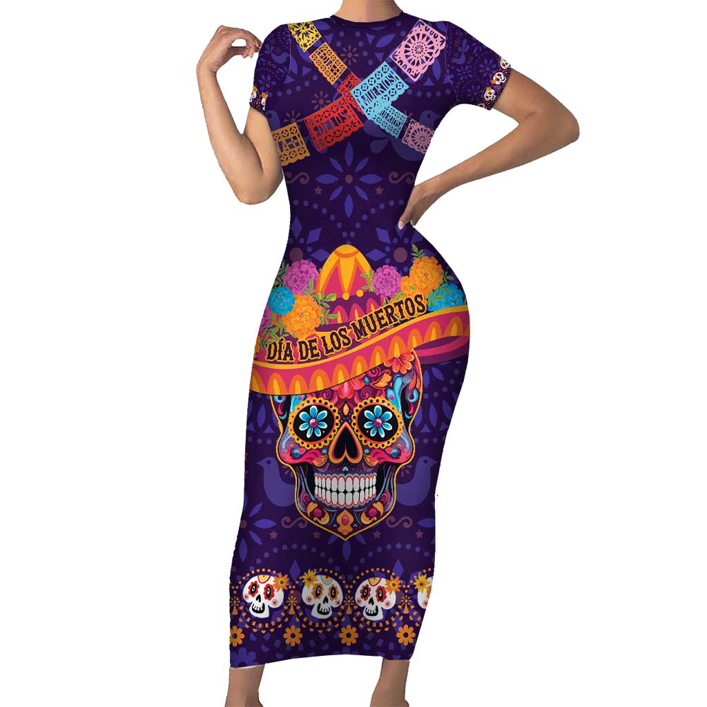 Personalised Mexico Day Of The Dead Short Sleeve Bodycon Dress Sugar Skull With Maracas Mexican Folk Pattern - Wonder Print Shop