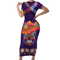 Personalised Mexico Day Of The Dead Short Sleeve Bodycon Dress Sugar Skull With Maracas Mexican Folk Pattern - Wonder Print Shop