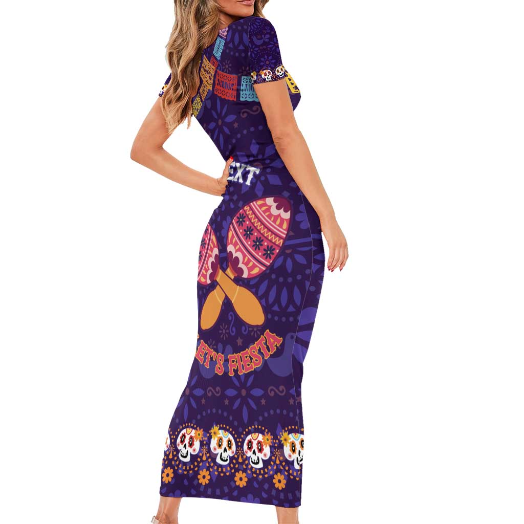Personalised Mexico Day Of The Dead Short Sleeve Bodycon Dress Sugar Skull With Maracas Mexican Folk Pattern - Wonder Print Shop
