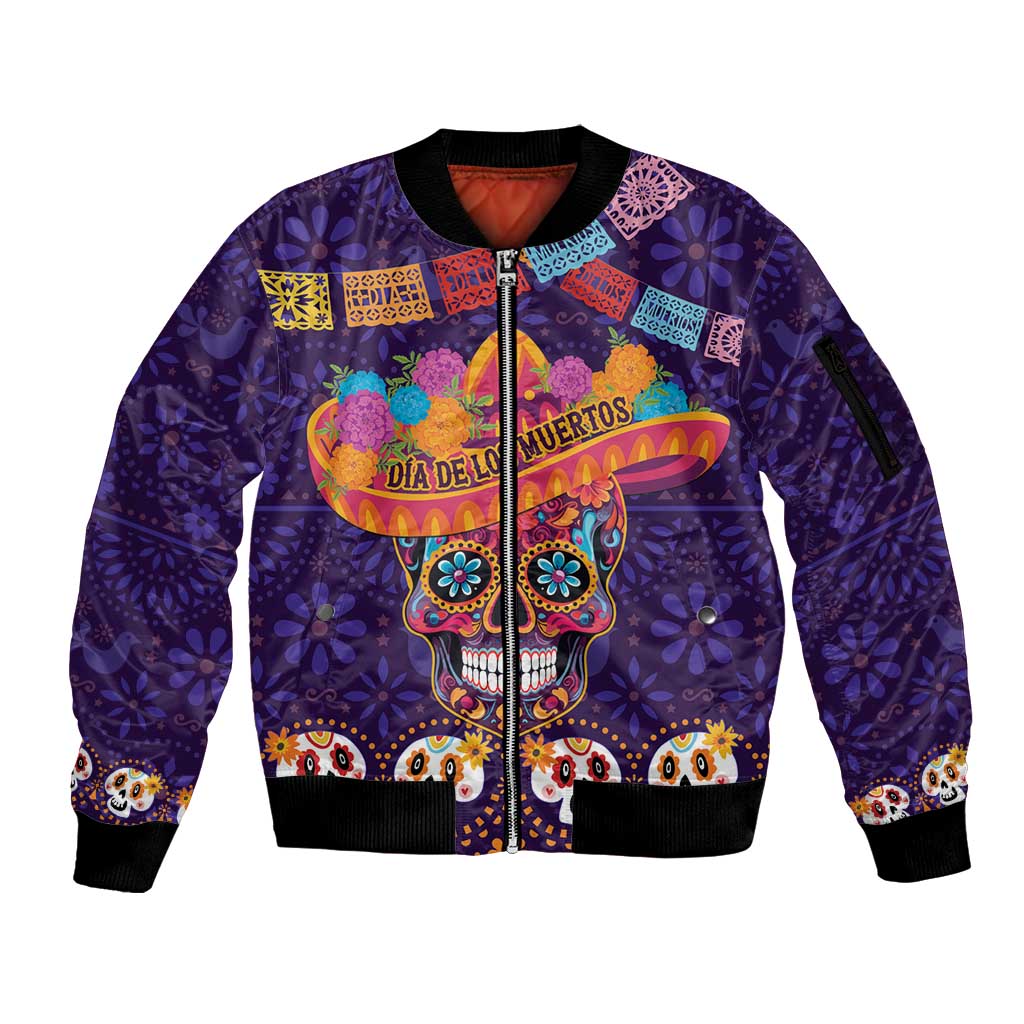 Personalised Mexico Day Of The Dead Sleeve Zip Bomber Jacket Sugar Skull With Maracas Mexican Folk Pattern - Wonder Print Shop