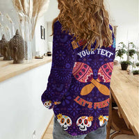 Personalised Mexico Day Of The Dead Women Casual Shirt Sugar Skull With Maracas Mexican Folk Pattern - Wonder Print Shop