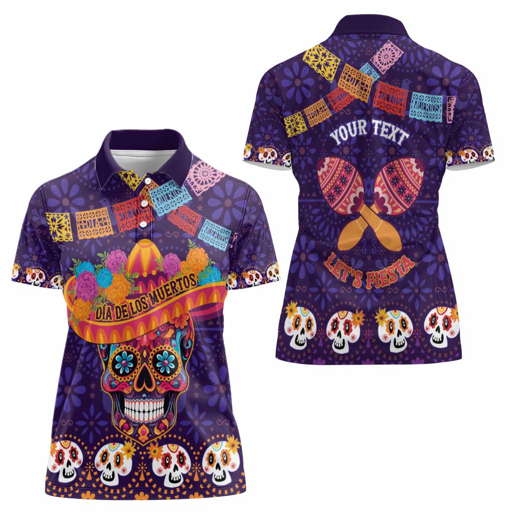 Personalised Mexico Day Of The Dead Women Polo Shirt Sugar Skull With Maracas Mexican Folk Pattern - Wonder Print Shop