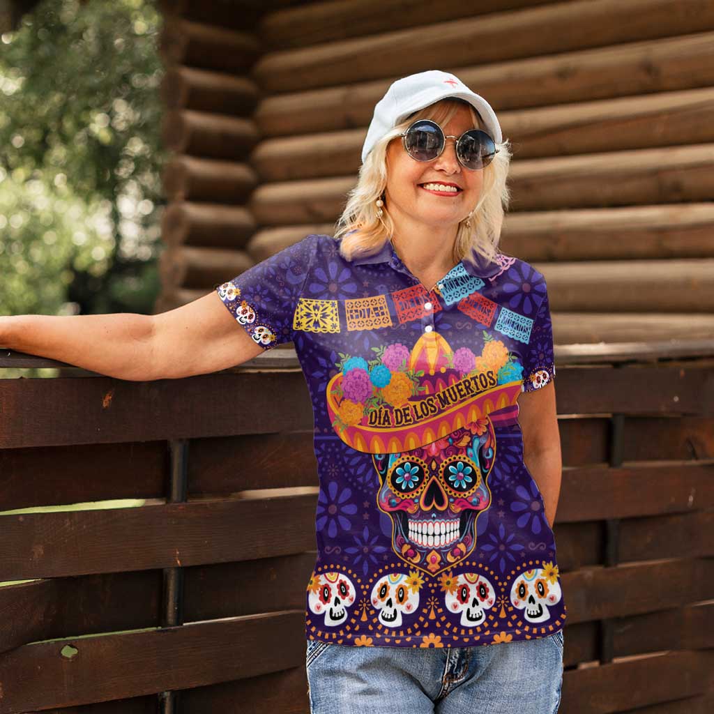 Personalised Mexico Day Of The Dead Women Polo Shirt Sugar Skull With Maracas Mexican Folk Pattern - Wonder Print Shop