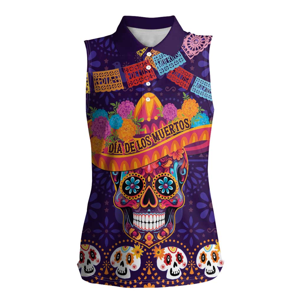 Personalised Mexico Day Of The Dead Women Sleeveless Polo Shirt Sugar Skull With Maracas Mexican Folk Pattern - Wonder Print Shop