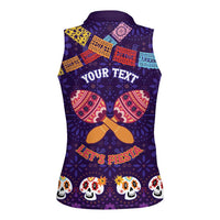 Personalised Mexico Day Of The Dead Women Sleeveless Polo Shirt Sugar Skull With Maracas Mexican Folk Pattern - Wonder Print Shop