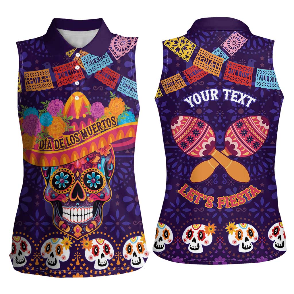 Personalised Mexico Day Of The Dead Women Sleeveless Polo Shirt Sugar Skull With Maracas Mexican Folk Pattern - Wonder Print Shop