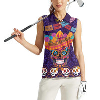 Personalised Mexico Day Of The Dead Women Sleeveless Polo Shirt Sugar Skull With Maracas Mexican Folk Pattern - Wonder Print Shop
