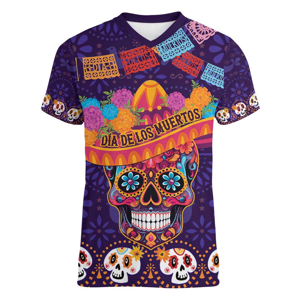 Personalised Mexico Day Of The Dead Women V-Neck T-Shirt Sugar Skull With Maracas Mexican Folk Pattern - Wonder Print Shop