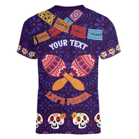 Personalised Mexico Day Of The Dead Women V-Neck T-Shirt Sugar Skull With Maracas Mexican Folk Pattern - Wonder Print Shop