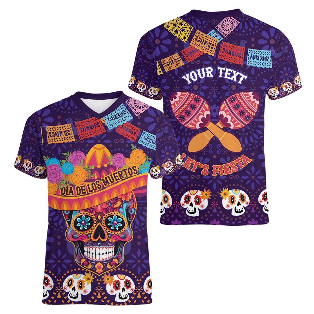 Personalised Mexico Day Of The Dead Women V-Neck T-Shirt Sugar Skull With Maracas Mexican Folk Pattern - Wonder Print Shop