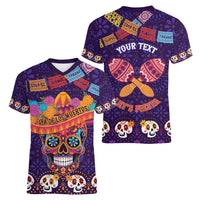 Personalised Mexico Day Of The Dead Women V-Neck T-Shirt Sugar Skull With Maracas Mexican Folk Pattern - Wonder Print Shop