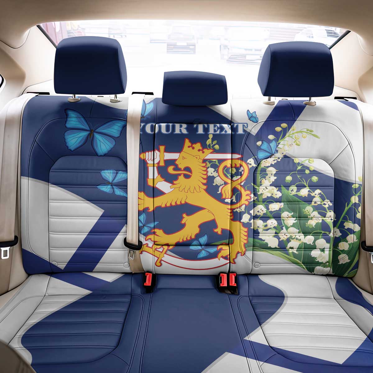Personalised Finland Independence Day Back Car Seat Cover Lily Of The Valley Mix Holly Blue - Coat Of Arms Style - Wonder Print Shop