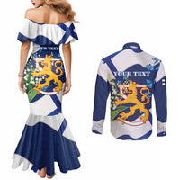 Personalised Finland Independence Day Couples Matching Mermaid Dress and Long Sleeve Button Shirt Lily Of The Valley Mix Holly Blue - Coat Of Arms Style