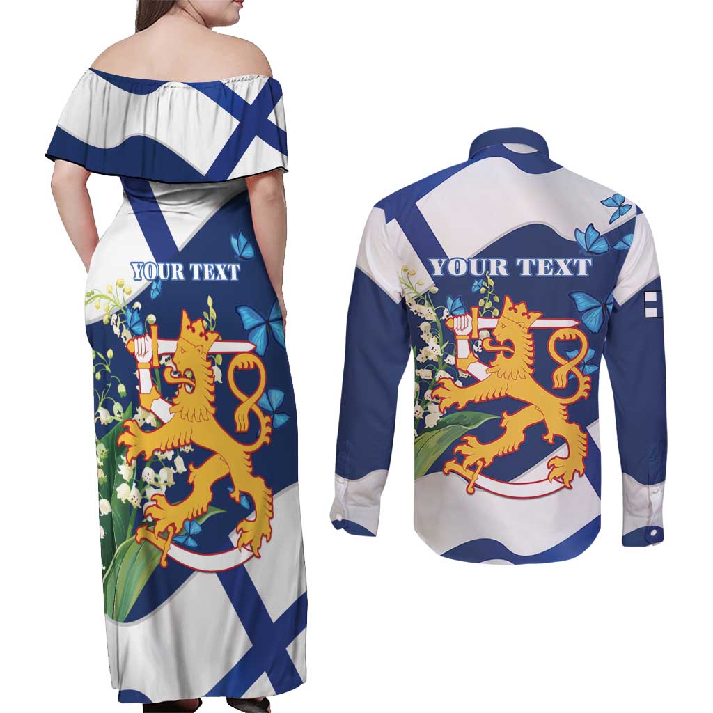 Personalised Finland Independence Day Couples Matching Off Shoulder Maxi Dress and Long Sleeve Button Shirt Lily Of The Valley Mix Holly Blue - Coat Of Arms Style - Wonder Print Shop