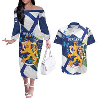 Personalised Finland Independence Day Couples Matching Off The Shoulder Long Sleeve Dress and Hawaiian Shirt Lily Of The Valley Mix Holly Blue - Coat Of Arms Style - Wonder Print Shop