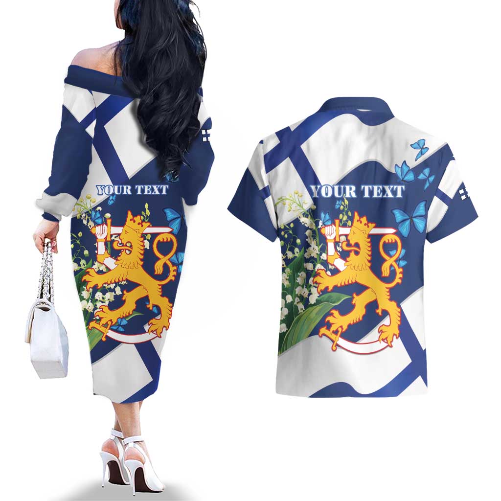 Personalised Finland Independence Day Couples Matching Off The Shoulder Long Sleeve Dress and Hawaiian Shirt Lily Of The Valley Mix Holly Blue - Coat Of Arms Style - Wonder Print Shop
