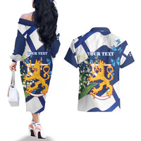Personalised Finland Independence Day Couples Matching Off The Shoulder Long Sleeve Dress and Hawaiian Shirt Lily Of The Valley Mix Holly Blue - Coat Of Arms Style - Wonder Print Shop
