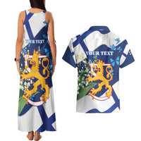 Personalised Finland Independence Day Couples Matching Tank Maxi Dress and Hawaiian Shirt Lily Of The Valley Mix Holly Blue - Coat Of Arms Style - Wonder Print Shop