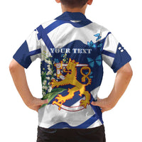 Personalised Finland Independence Day Family Matching Off Shoulder Maxi Dress and Hawaiian Shirt Lily Of The Valley Mix Holly Blue - Coat Of Arms Style - Wonder Print Shop