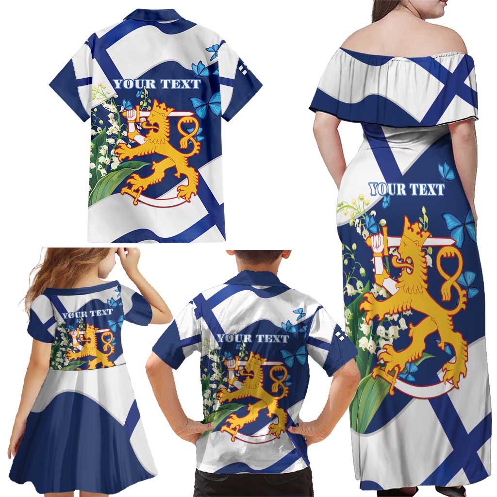 Personalised Finland Independence Day Family Matching Off Shoulder Maxi Dress and Hawaiian Shirt Lily Of The Valley Mix Holly Blue - Coat Of Arms Style - Wonder Print Shop