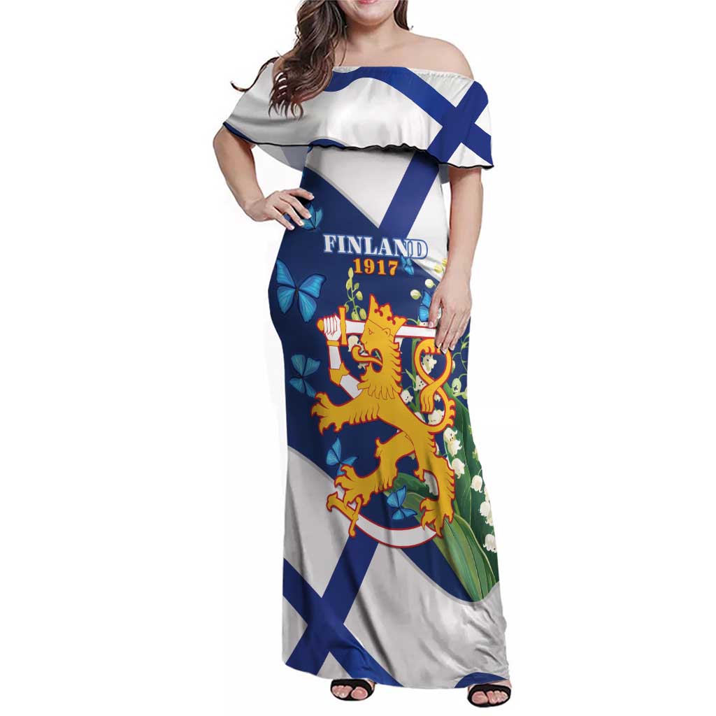 Personalised Finland Independence Day Family Matching Off Shoulder Maxi Dress and Hawaiian Shirt Lily Of The Valley Mix Holly Blue - Coat Of Arms Style - Wonder Print Shop