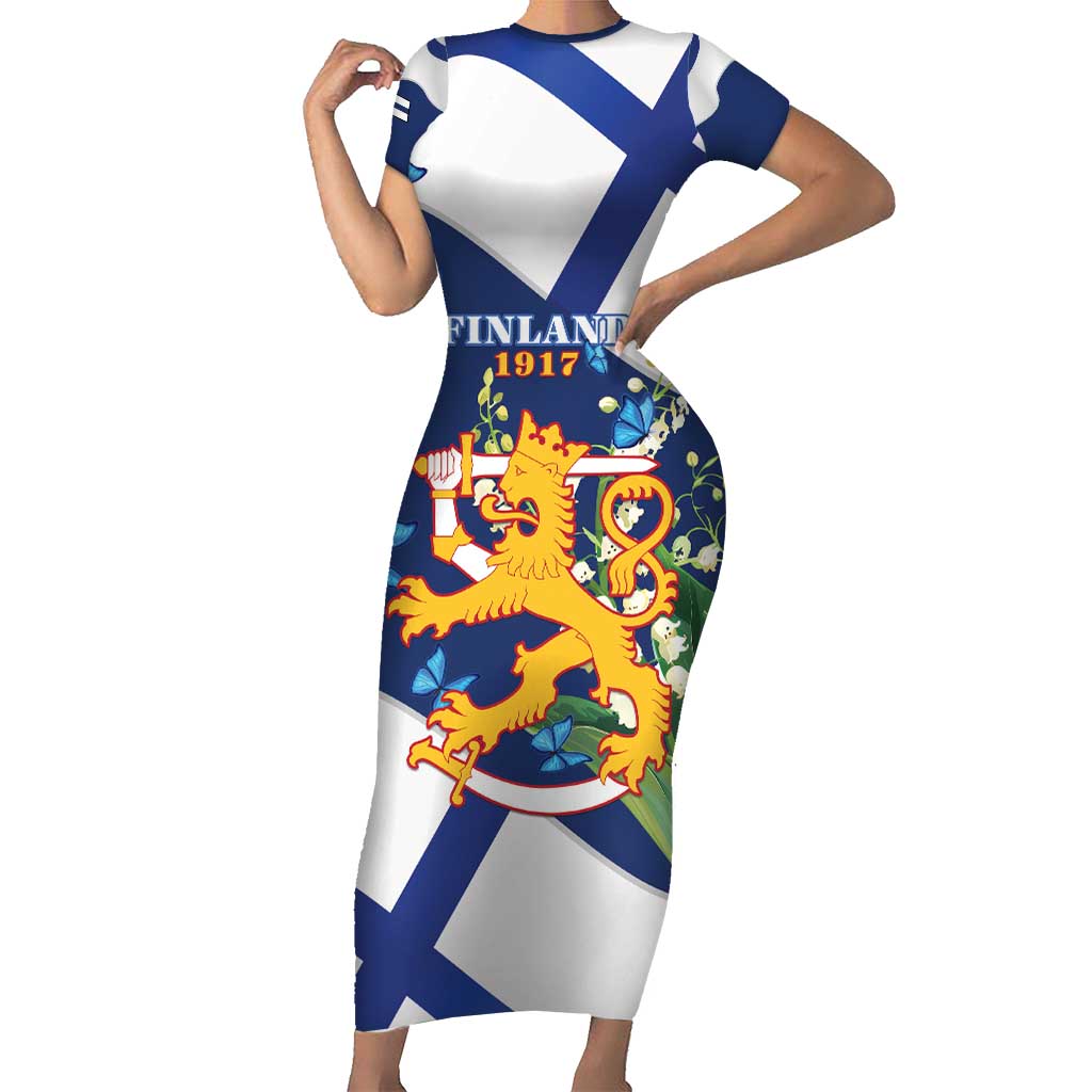 Personalised Finland Independence Day Family Matching Short Sleeve Bodycon Dress and Hawaiian Shirt Lily Of The Valley Mix Holly Blue - Coat Of Arms Style - Wonder Print Shop